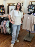 POL Off White Round Neck Stich Detail Solid Top - Regular Sizes