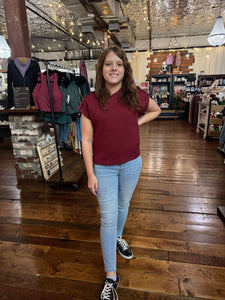 Ee:some Maroon Textured Short Sleeve Top