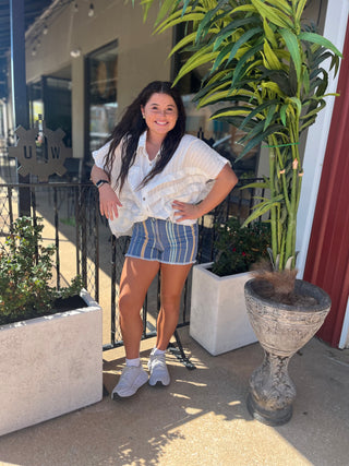 Judy Blue High Waist Striped Denim Frey Hem Shorts