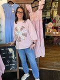 Easel Dusty Rose Half Sleeve Cotton Slub Heart Patch Top - Regular Sizes