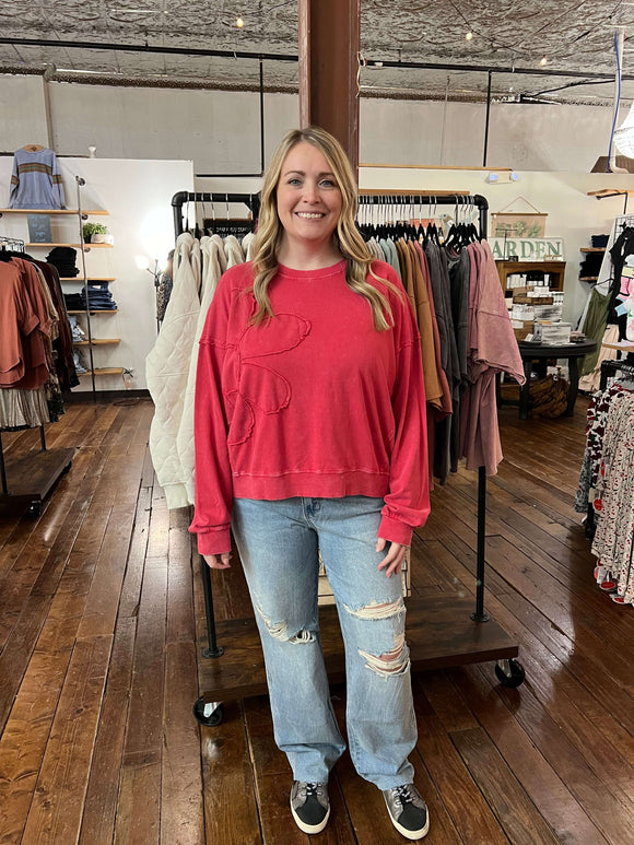 Easel Boho Red Long Sleeve Flower Patch Mineral Washed Pullover - Regular Sizes