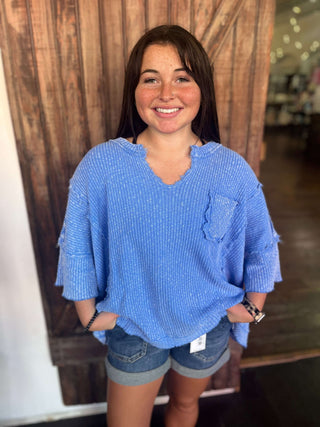 Easel Peri Blue Short Sleeve Mineral Washed Top - Regular Sizes