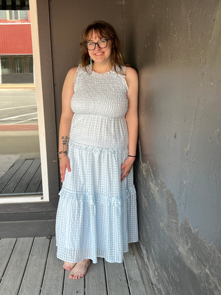 Listicle Powder Blue Gingham Smocked Ruffle Tier Maxi Dress