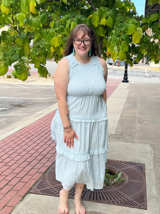 Listicle Powder Blue Gingham Smocked Ruffle Tier Maxi Dress