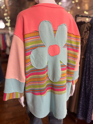 Easel Pink & Blue 3/4 Sleeve Daisy Patch Top - Regular Sizes