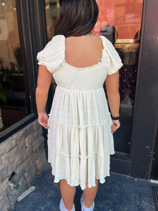 Easel Ivory Puff Sleeve Tiered Dress - Regular Sizes