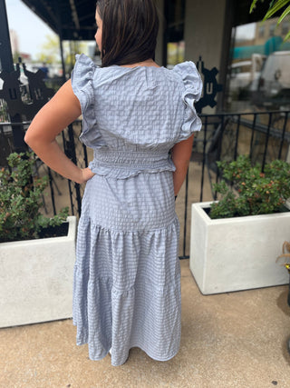 Umgee Blue Grey V Neck Smocking Waist Ruffle Midi Dress - Regular Sizes