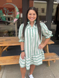 Umgee Green Stripe High Ruffled Neck Mini Dress With Round Yoke Piping - Regular Sizes