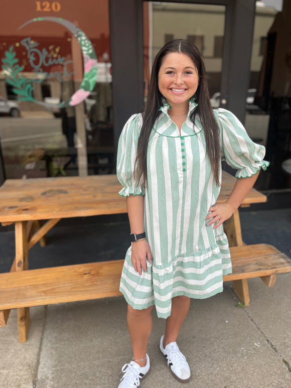 Umgee Green Stripe High Ruffled Neck Mini Dress With Round Yoke Piping - Regular Sizes