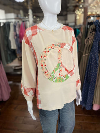 Easel Red Stone 3/4 Sleeve Peace Patch Top - Regular Sizes