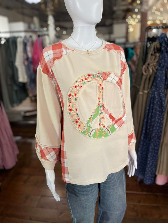 Easel Red Stone 3/4 Sleeve Peace Patch Top - Regular Sizes