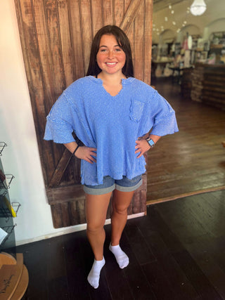 Easel Peri Blue Short Sleeve Mineral Washed Top - Regular Sizes