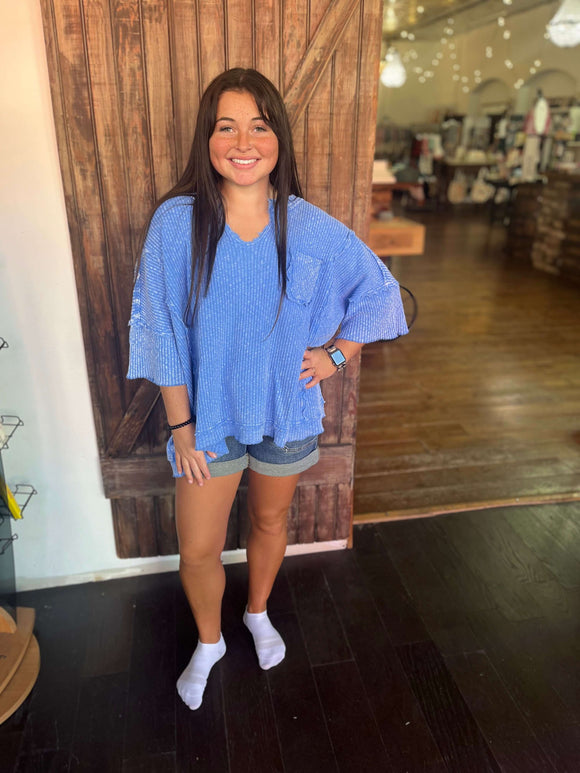 Easel Peri Blue Short Sleeve Mineral Washed Top - Regular Sizes