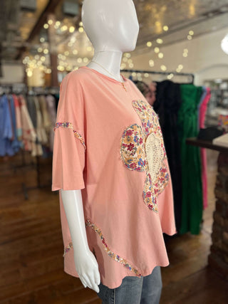 Easel Coral Pink Short Sleeve Flower Patch Top - Regular Sizes