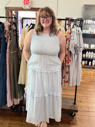 Listicle Powder Blue Gingham Smocked Ruffle Tier Maxi Dress