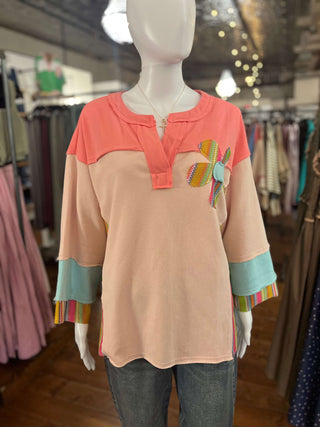 Easel Pink & Blue 3/4 Sleeve Daisy Patch Top - Regular Sizes