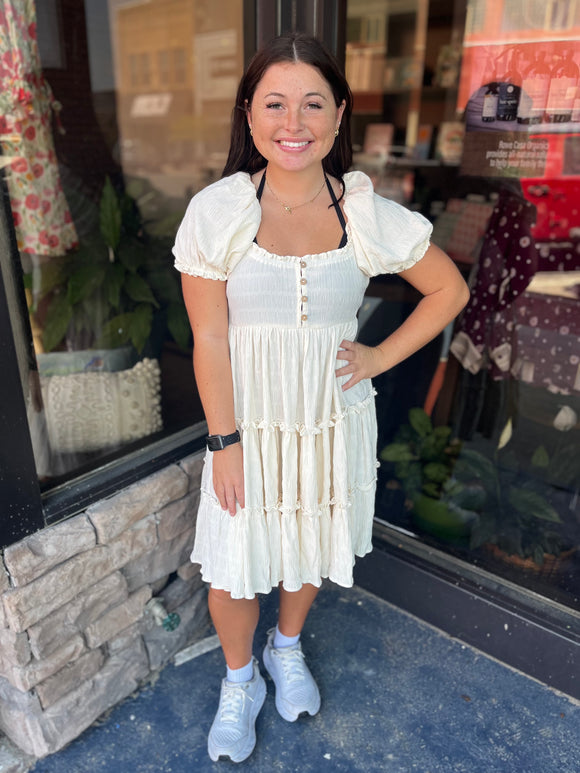 Easel Ivory Puff Sleeve Tiered Dress - Regular Sizes