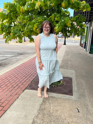 Listicle Powder Blue Gingham Smocked Ruffle Tier Maxi Dress