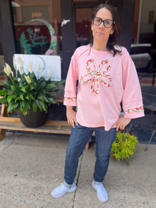 Easel Mist Pink 3/4 Sleeve Flower Patch Terry Knit Top