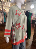 Easel Sage 3/4 Sleeve Star Patch Mineral Washed Hoodie Pullover - Regular Sizes