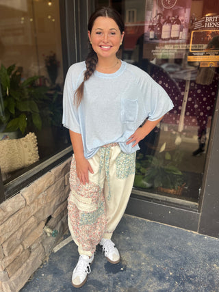 POL Clothing Powder Blue Vintage Washed Short Sleeve Top - Regular Sizes