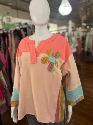 Easel Pink & Blue 3/4 Sleeve Daisy Patch Top - Regular Sizes