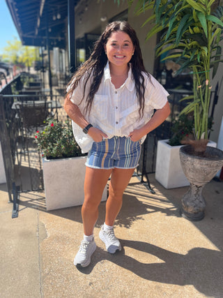 Judy Blue High Waist Striped Denim Frey Hem Shorts