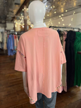 Easel Coral Pink Short Sleeve Flower Patch Top - Regular Sizes