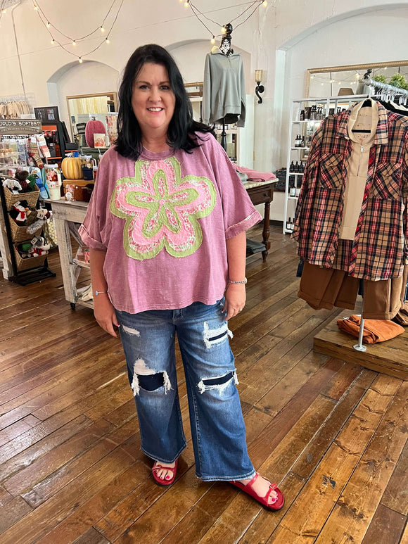 Easel Dusty Magenta Short Sleeve Flower Patch Top - Plus Sizes