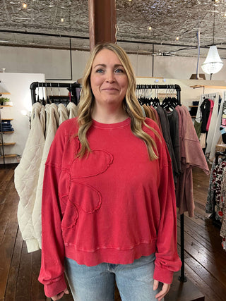 Easel Boho Red Long Sleeve Flower Patch Mineral Washed Pullover - Plus Sizes