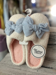 The Darling Effect Betty Bow Light Blue Fuzzy Slippers