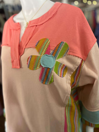 Easel Pink & Blue 3/4 Sleeve Daisy Patch Top - Regular Sizes