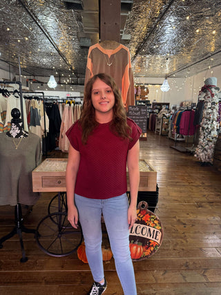 Ee:some Maroon Textured Short Sleeve Top