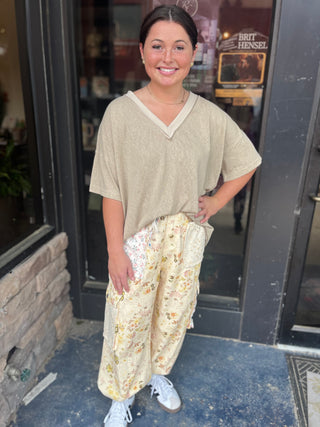 POL Clothing Latte V-Neck Short Sleeve Stone Washed Knit Top - Regular Sizes