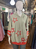Easel Sage 3/4 Sleeve Star Patch Mineral Washed Hoodie Pullover - Regular Sizes