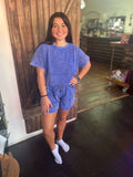 Easel Paris Blue Short Sleeve Mineral Washed Top - Regular Sizes