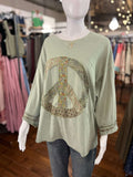 Easel Sage 3/4 Sleeve Peace Patch Loose Fit Top - Regular Sizes