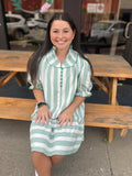 Umgee Green Stripe High Ruffled Neck Mini Dress With Round Yoke Piping - Regular Sizes