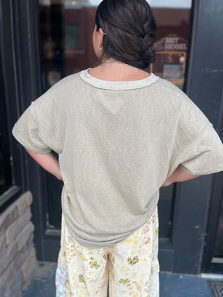 POL Clothing Latte V-Neck Short Sleeve Stone Washed Knit Top - Regular Sizes