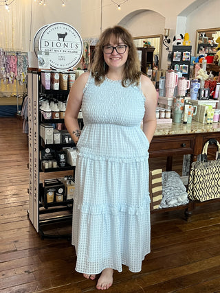 Listicle Powder Blue Gingham Smocked Ruffle Tier Maxi Dress