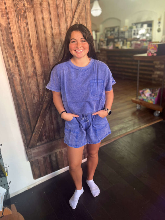 Easel Paris Blue Short Sleeve Mineral Washed Top - Regular Sizes