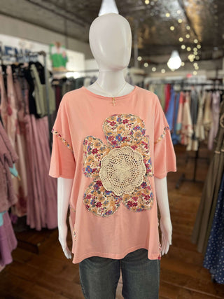 Easel Coral Pink Short Sleeve Flower Patch Top - Regular Sizes