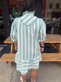 Umgee Green Stripe High Ruffled Neck Mini Dress With Round Yoke Piping - Regular Sizes