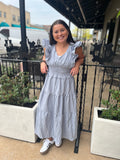 Umgee Blue Grey V Neck Smocking Waist Ruffle Midi Dress - Regular Sizes