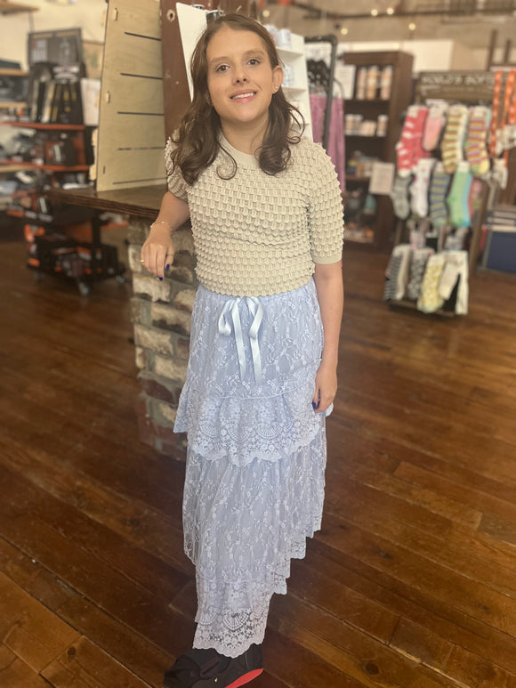 Listicle Periwinkle Lace Tiered Maxi Skirt