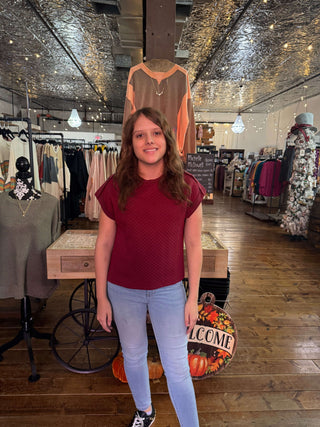 Ee:some Maroon Textured Short Sleeve Top