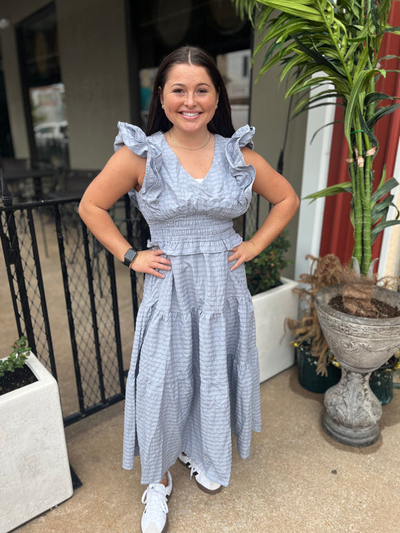Umgee Blue Grey V Neck Smocking Waist Ruffle Midi Dress - Regular Sizes