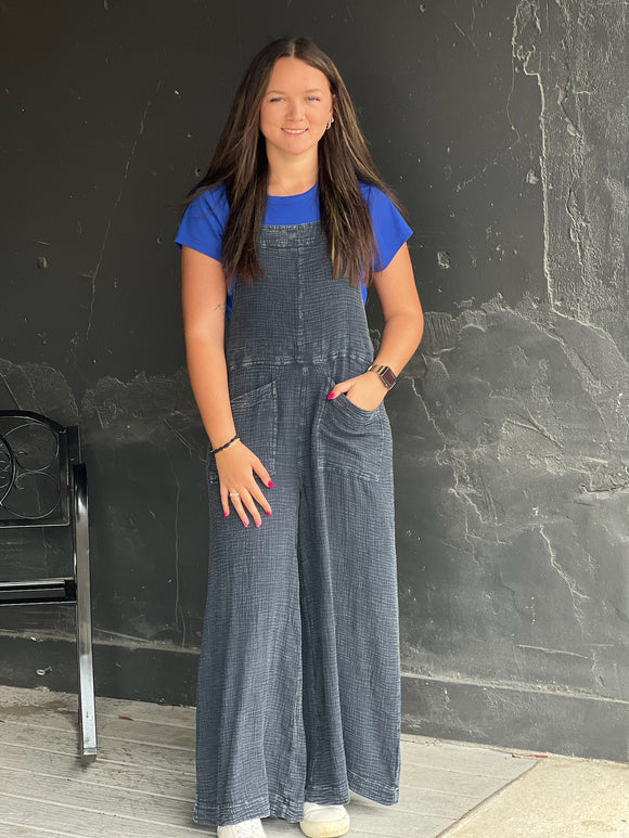 Easel Faded Denim Mineral Washed Cotton Overalls