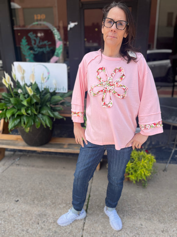 Easel Mist Pink 3/4 Sleeve Flower Patch Terry Knit Top
