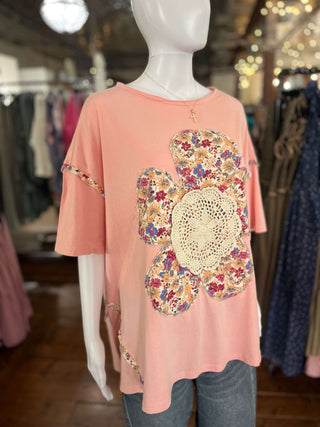 Easel Coral Pink Short Sleeve Flower Patch Top - Regular Sizes